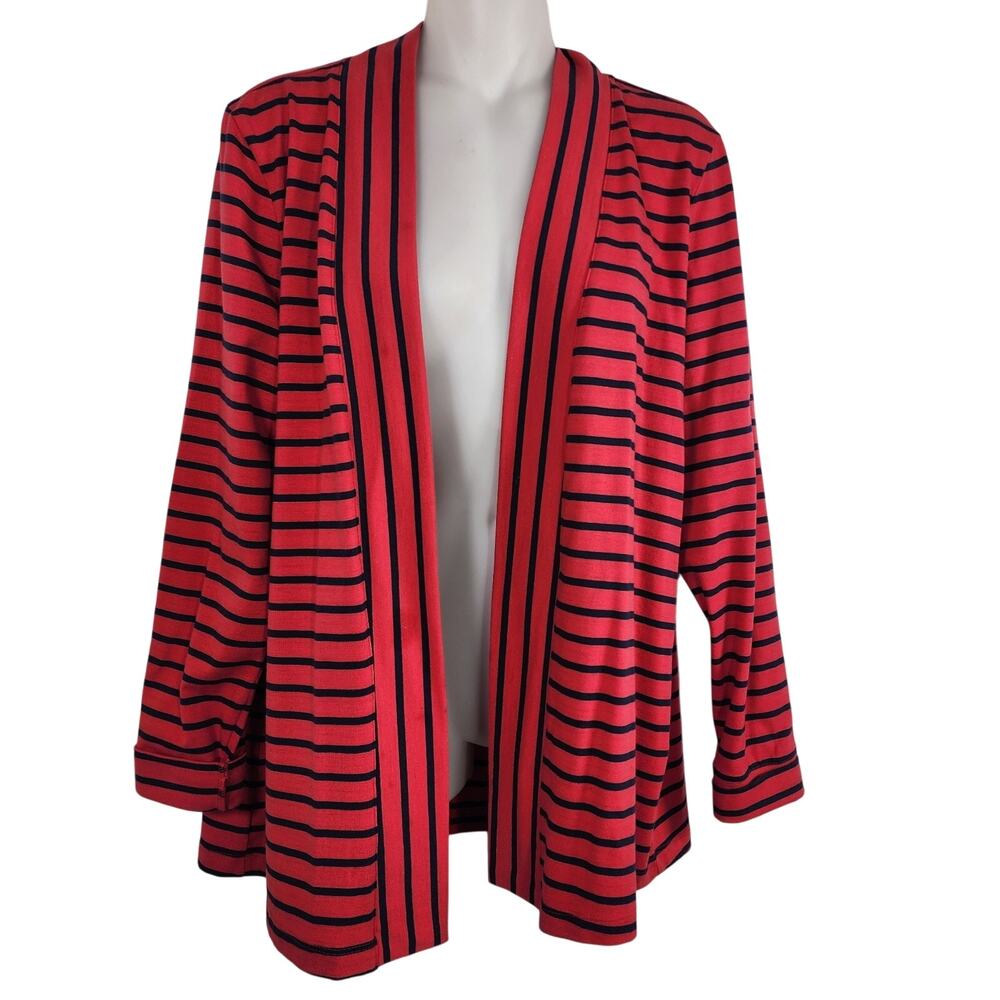 Denim & Co. Womens Regular Essentials Striped Jersey Cardigan Medium Red A376911